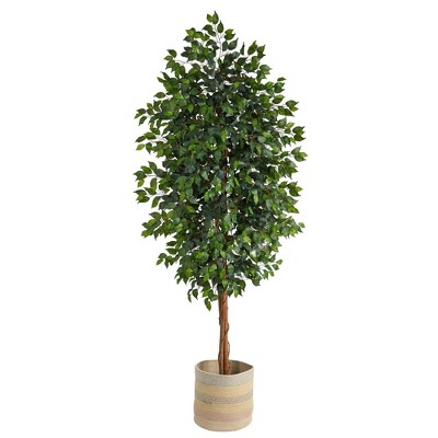 Nearly Natural 8-ft Ficus Artificial Tree with Handmade Natural Cotton Multicolored Woven Planter