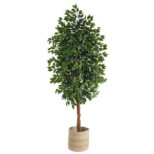 Nearly Natural 8-ft Ficus Artificial Tree with Handmade Natural Cotton Multicolored Woven Planter - 1 of 4