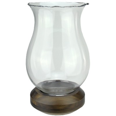 Northlight 17" Wavy Edged Clear Glass Hurricane Pillar Candle Holder with Wooden Base