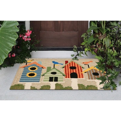 Handmade Multicolor Birdhouses Synthetic Rectangular Rug 24" x 36"