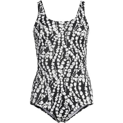 Lands' End Women's Long Torso Tugless Low Leg One Piece Swimsuit - 6 - Black/White Vine Floral