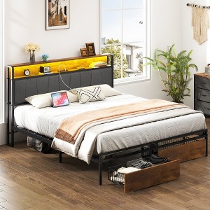 Queen Size Upholstered Platform Bed with Storage Drawers, USB Ports, and LED Lights for Bedroom or Apartment - 1 of 4