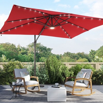Sonkuki 10x8FT Round Offset Outdoor Patio Solar LED Cantilever Umbrella w/Aluminium Pole, 360° Rotation and Canopy Angle Adjustment