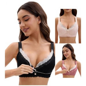 INSPIRE CHIC Front Closure for Women's Lace Full Coverage V Neck Wirefree Adjustable Straps Bras 3 Packs - 1 of 4