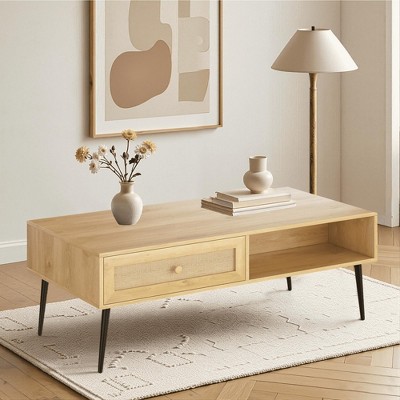 MAYEERTY 47-Inch Natural Modern Coffee Table - Wooden 2-Tier Rectangular Center Table with PVC Rattan Door Drawer