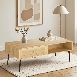 MAYEERTY 47-Inch Natural Modern Coffee Table - Wooden 2-Tier Rectangular Center Table with PVC Rattan Door Drawer - 1 of 4