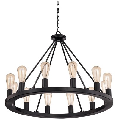 Lacey 32" Black Industrial Wagon Wheel 12-Light Chandelier