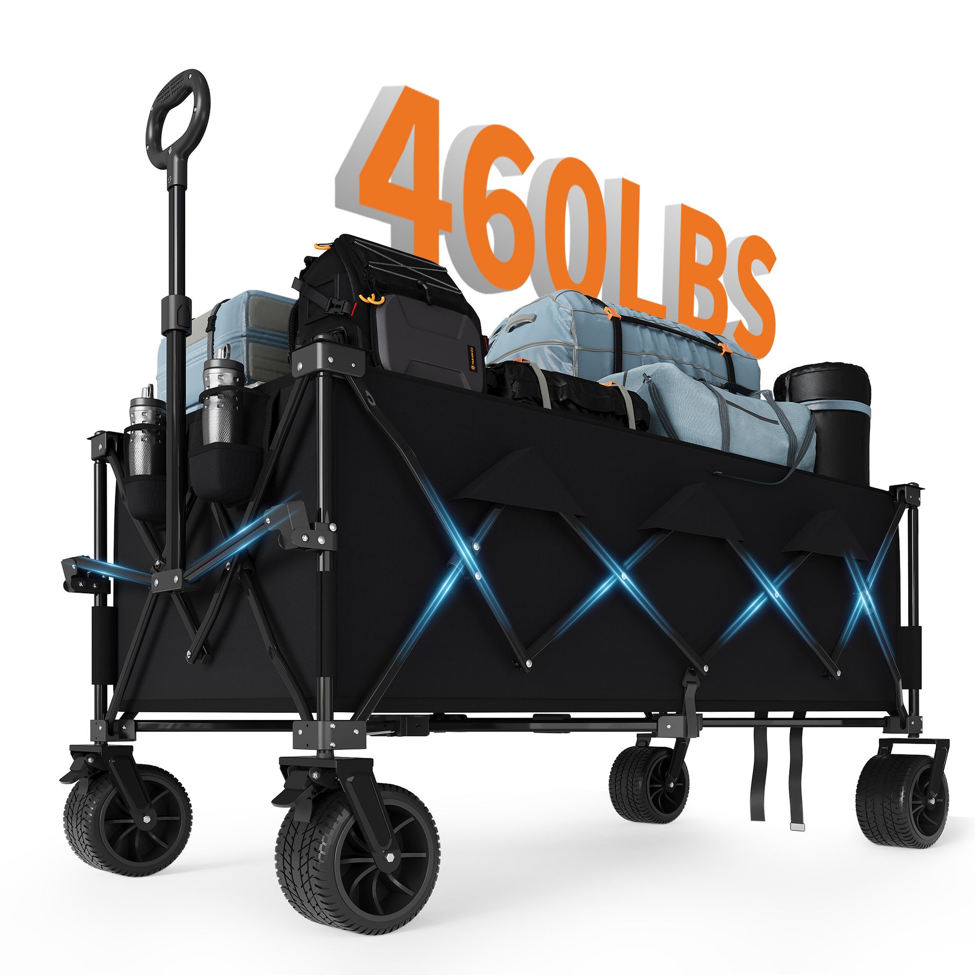 Heavy Duty Foldable Wagon for Beach, Extra Large Collapsible Foldable Wagon for Camping, All Terrain Beach Wagons Extended with Cup Holders for Sand
