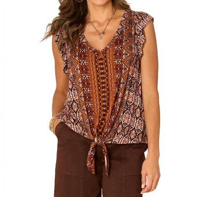 Women's Flutter V-Neck Tie Front Knit Top - Democracy