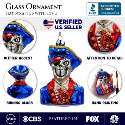 Fierce Pirate Skeleton Glass Ornament, Gothic Skull Captain Decor