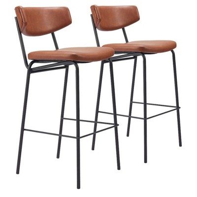 Vintage Brown Faux Leather 40.2" H Barstool Set of 2, Steel Frame by Zuo Modern