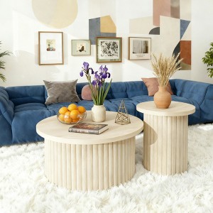 LIVAREEmlen Round Ribbed Coffee Tables Set of 2, Minimalist Beige Wooden Tables for Living Room - 1 of 4