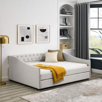 Twin/Full Size Daybed with Trundle, Upholstered Tufted Sofa Bed with Button and  Waved Shape Arms - ModernLuxe