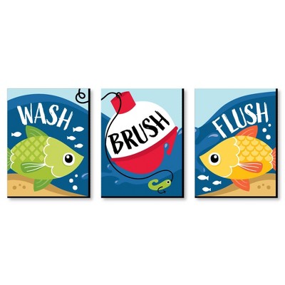 Big Dot of Happiness Let's Go Fishing - Fish Themed Kids Bathroom Rules Wall Art - 7.5 x 10 inches - Set of 3 Signs - Wash, Brush, Flush