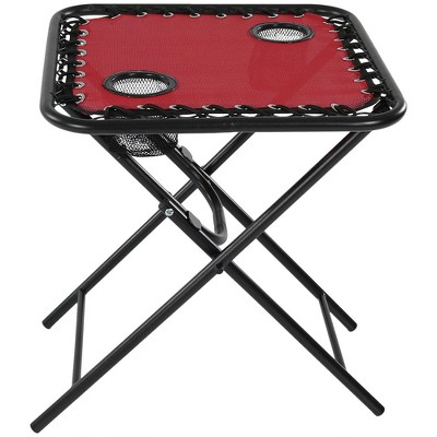 Sunnydaze Weather-Resistant Lightweight Outdoor Folding Camping Side Table with Mesh Drink Holders - Red