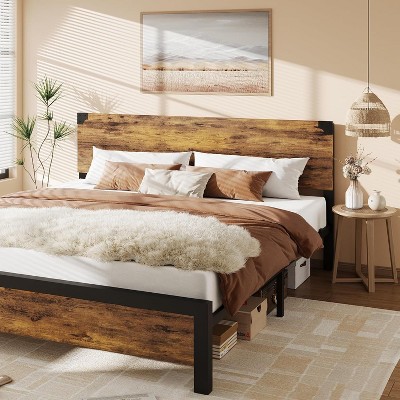 Homhougo Full Size Bed Frame with Storage, 4 Drawers and Heavy Duty Strong Metal Support Bed Frame with Wooden Headboard and Footboard, Brown