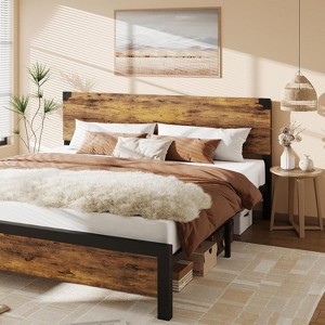 Homhougo Full Size Bed Frame with Storage, 4 Drawers and Heavy Duty Strong Metal Support Bed Frame with Wooden Headboard and Footboard, Brown - 1 of 4