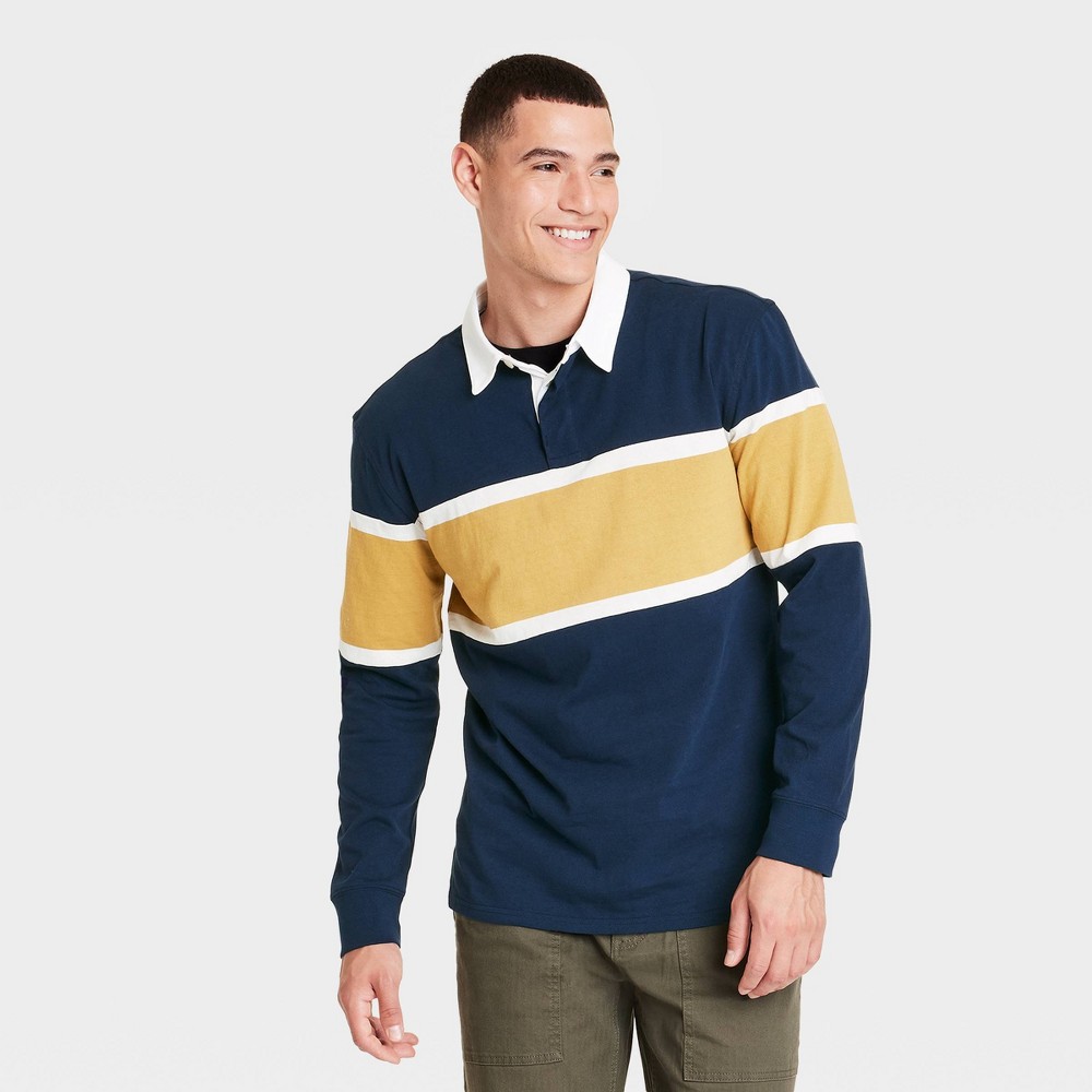 men's long sleeve rugby polo shirt - goodfellow & co™ navy blue m