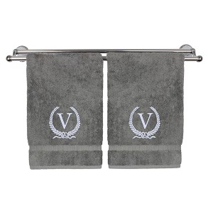 BC BARE COTTON Monogrammed Hand Towel, 100% Turkish Cotton - Set of 2 - Gray - Silver Wreath - 1 of 4