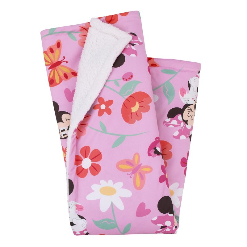 Disney Minnie Mouse Springtime Flowers Pink Orange, Green, and White Super Soft Cuddly Plush Baby Blanket, 3 of 6
