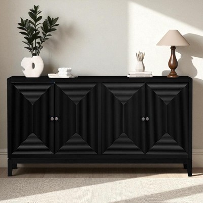 4-Door Storage Sideboard Buffet with Vertical Line Design, Adjustable Shelves & Metal Handles, MDF Cabinet for Dining Room, Kitchen, or Living Space
