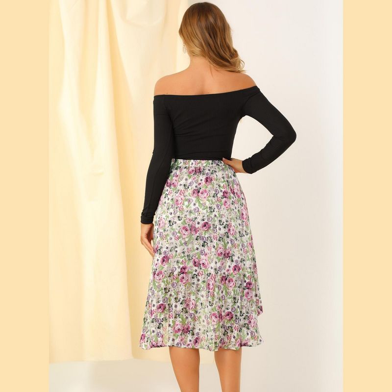 Allegra K Women's High Low Hem Elastic Waist Lurex Chiffon A-Line Midi Floral Skirt, 5 of 6