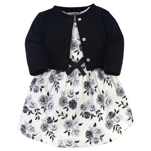 Touched by Nature Baby and Toddler Girl Organic Cotton Dress and Cardigan 2pc Set, Black Floral, 6-9 Months - 1 of 4