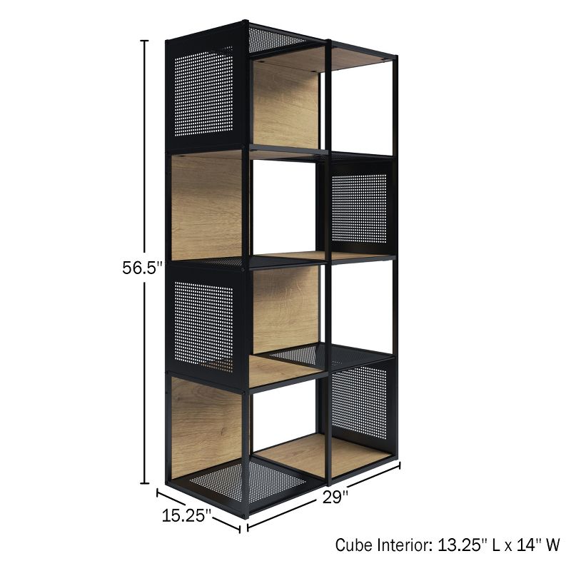 Lavish Home Freestanding 4-Tier Cube Storage Bookshelf – Industrial Wood and Metal Shelving, Oak/Black, 2 of 9