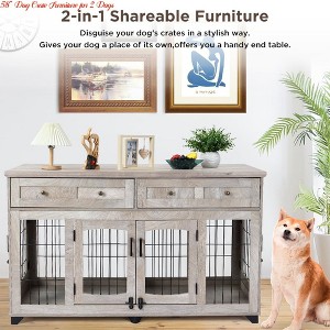58 Inch Large Dog Crate Furniture - 2-Room Wooden Dog Kennel w/ Openable Divider, Crate TV Stand End Table w/Storage Drawers - 1 of 4