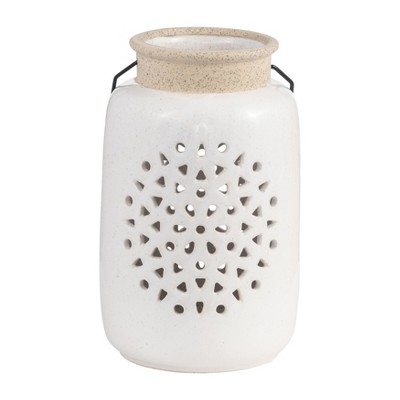 Sagebrook Home Ceramic Lantern - Contemporary Ivory and Beige Flower Cut-Out Creative Decorative Lantern with Handle for Indoor or Outdoor Use