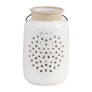 Sagebrook Home Ceramic Lantern - Contemporary Ivory and Beige Flower Cut-Out Creative Decorative Lantern with Handle for Indoor or Outdoor Use - 1 of 4