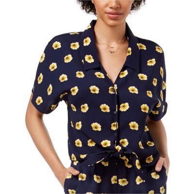 maison Jules Womens Tie Front Floral Button Down Blouse
