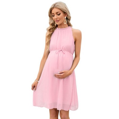 Maternity Halter Neck Dress Summer Casual Ruffle Sleeveless High Waisted Flowy Midi Dress Baby Shower Photoshoot