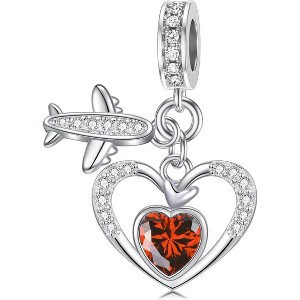 Sterling Silver Birthstone Heart & Airplane Charm, Travel-Themed Jewelry Gift for Women - 1 of 4