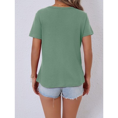Women's Knit V Neck T Shirt Short Sleeve Casual Loose Fit Summer Basic Top