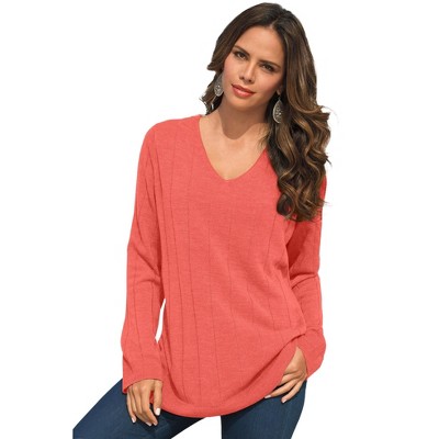 Roaman's Women's Plus Size Fine Gauge Drop Needle V Neck Sweater