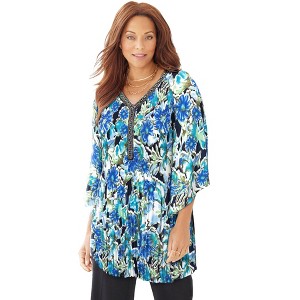 Catherines Women's Plus Size Bejeweled Pleated Blouse - 1 of 4