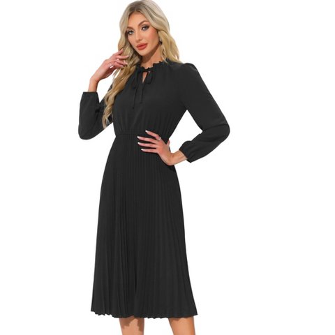 Женские платья INSPIRE CHIC Women's A-Line Flowy Long Sleeve Tie V Neck Pleated Midi Dress Black Large