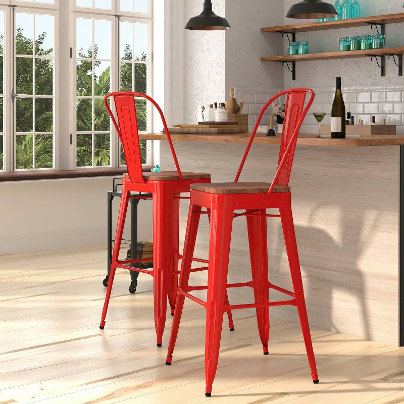 Merrick Lane Metal Dining Stool with Curved Slatted Back and Textured Wood Seat, 3 of 10