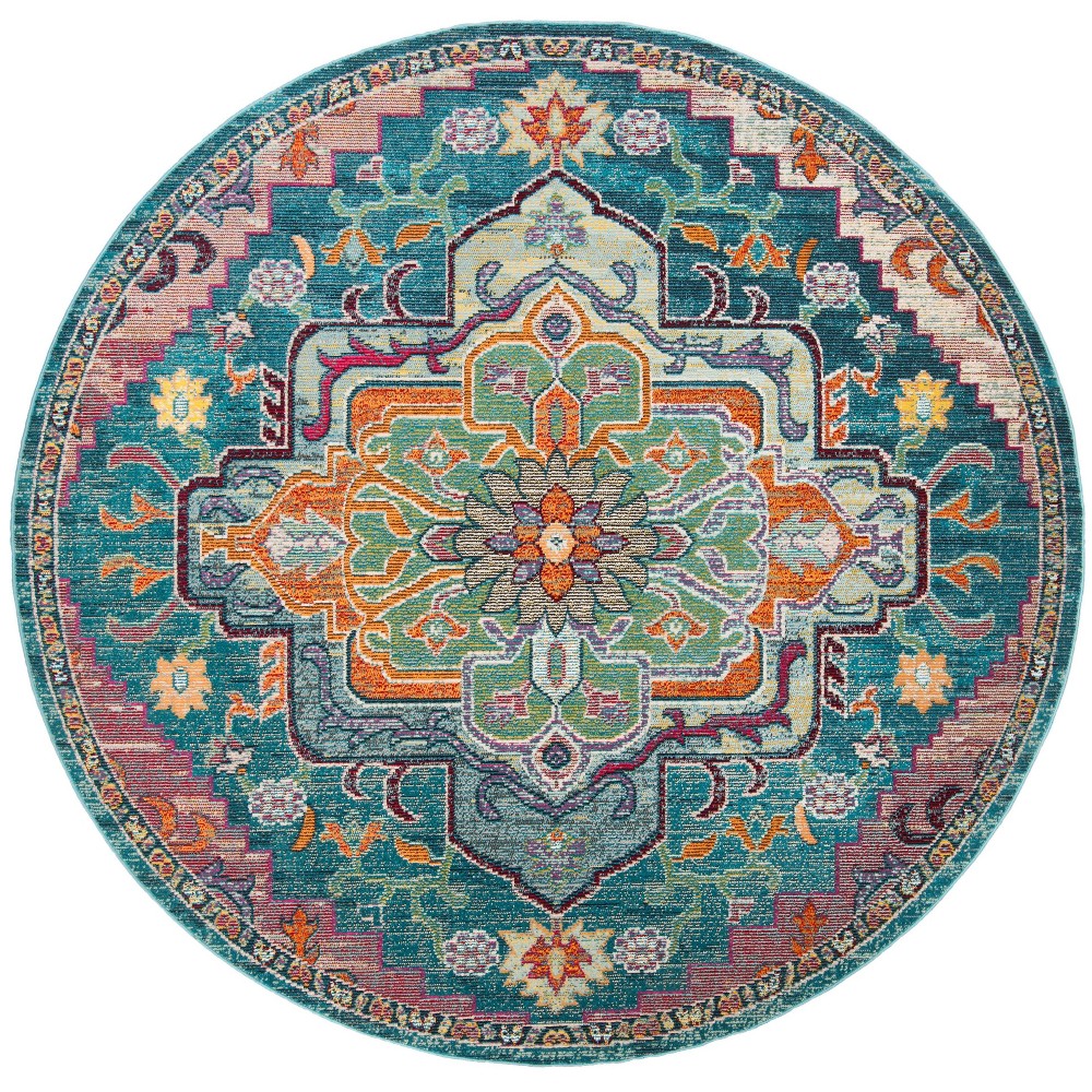 5' Round Mavis Floral Loomed Area Rug Teal/Rose - Safavieh