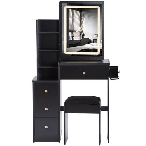 Okak 29.2IN Small Vanity Table with Cushioned Stool and Hair Dryer Stand, Makeup Vanity with Power Station and 3-Color Switch, Vanity Desk - 1 of 4
