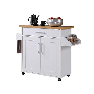 Hodedah Wheeled Kitchen Island with Spice Rack and Towel Holder, White/Beech