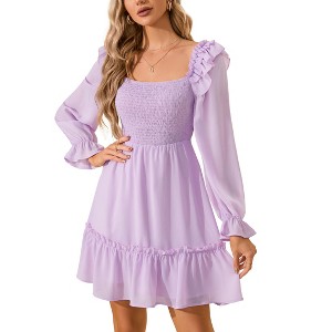 Women's Smocked Square Neck Short Dress Ruffle Long Puff Sleeve Casual Mini Dress Wedding Guest Dresses for Women - 1 of 4