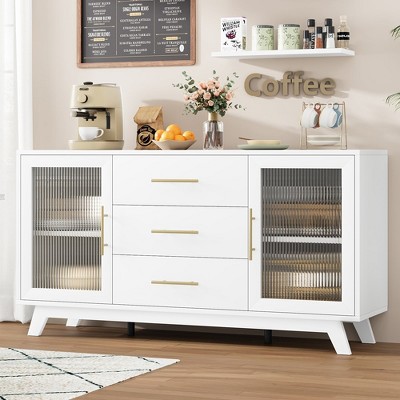 Whizmax 56" Coffee Bar Cabinet with 2 Fluted Glass Doors, Modern Sideboard Buffet Cabinet with 3 Large Drawers for Kitchen Dining Living Room