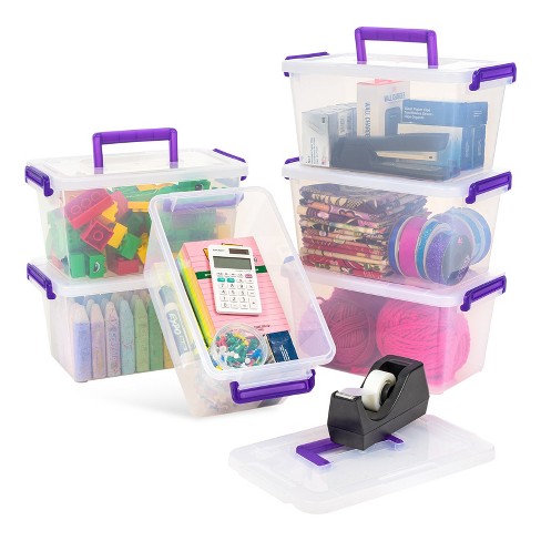 Iris USA 6Pack 5.4qt Stackable Storage Bin with Secure Buckle-Up Lid, Clear/Violet