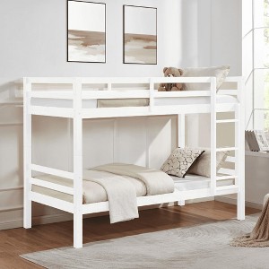 MAYEERTY Twin over Full Bunk Bed with Ladder, Wooden Bed Frame with High Guardrail and Ladder for Kids, No Box Spring Needed, White - 1 of 4