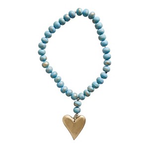 Storied Home Mango Wood Bead Strand with Gold Heart Pendant, Aqua - 1 of 3