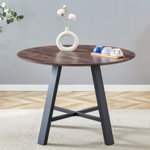 ChicFurnit Coffee Table Modern Minimalist Round Design with Deep Wood Grain and Black Metal Legs for Home or Office, Black, 46.06"*46.06"*7.09" - 1 of 4