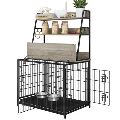 57 Inch Dog Crate Furniture with Storage Shelves, Wooden Dog House Indoor, 3-Tier Organizer & Removable Tray