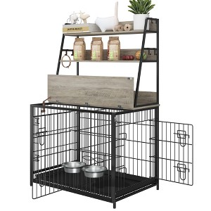 57 Inch Dog Crate Furniture with Storage Shelves, Wooden Dog House Indoor, 3-Tier Organizer & Removable Tray - 1 of 4